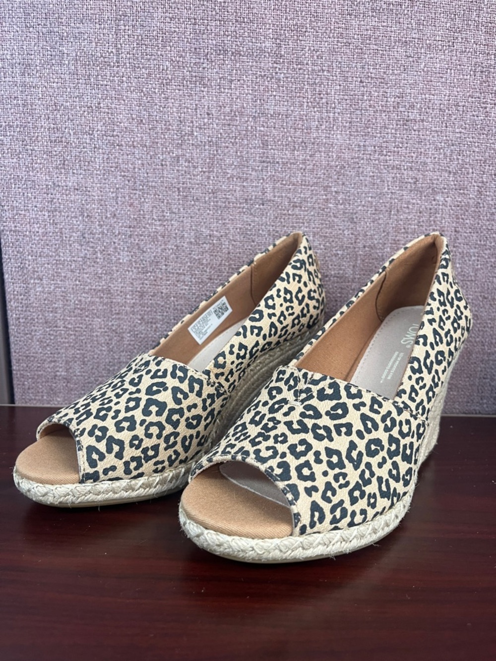 TOMS Leopard Print Espadrille Wedge Peep-Toe - Beige/Black